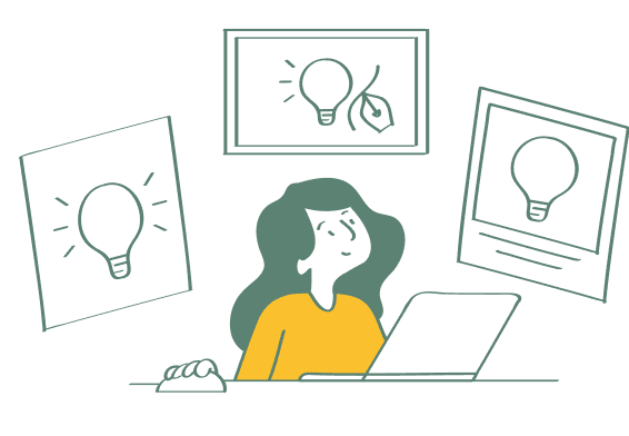 ノートパソコンの前に座る女性が、考え事をしている様子のイラスト。