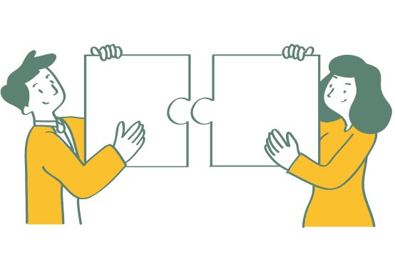 つのピースは噛み合う形をしており、協力や連携を象徴している。